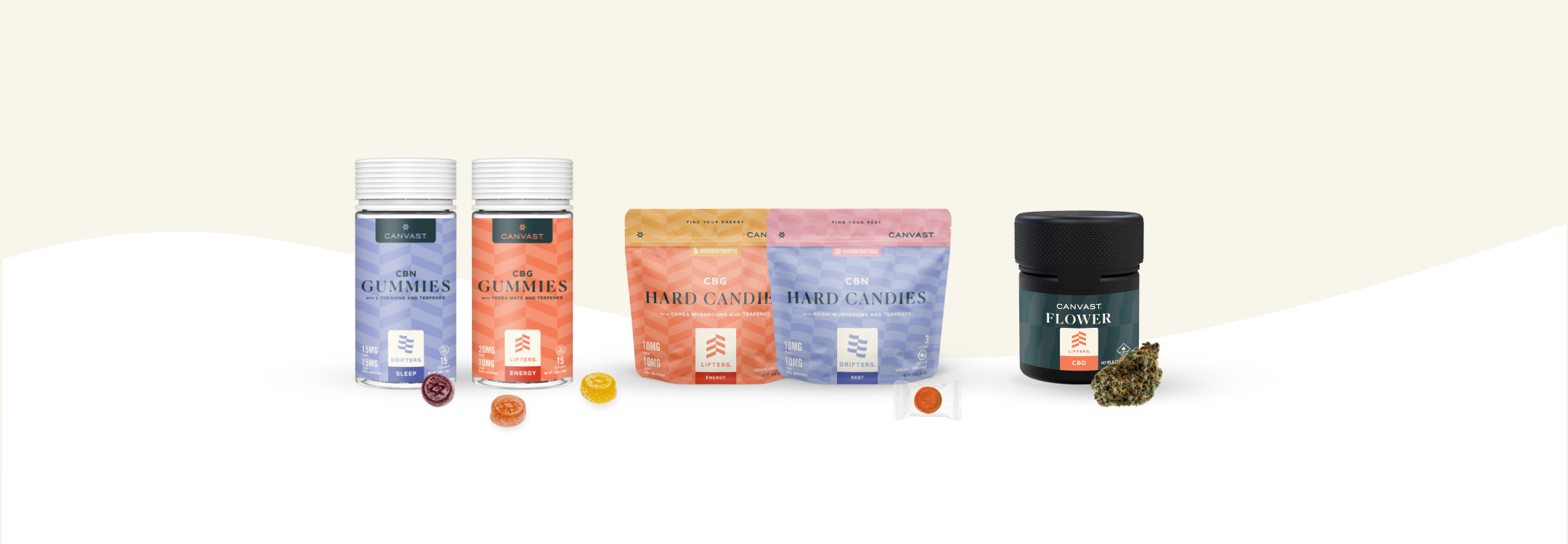 Collection of CBD products including Organic Gummies, Infused Hard Candies and Premium Flower