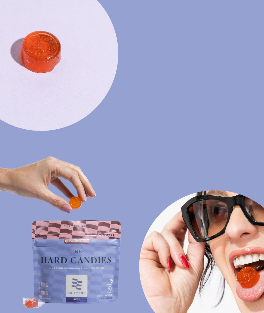 Canvast Drifters CBD Hard Candies. Hard Candy being placed into bag. Woman with mouth open, hard candy shown on tongue