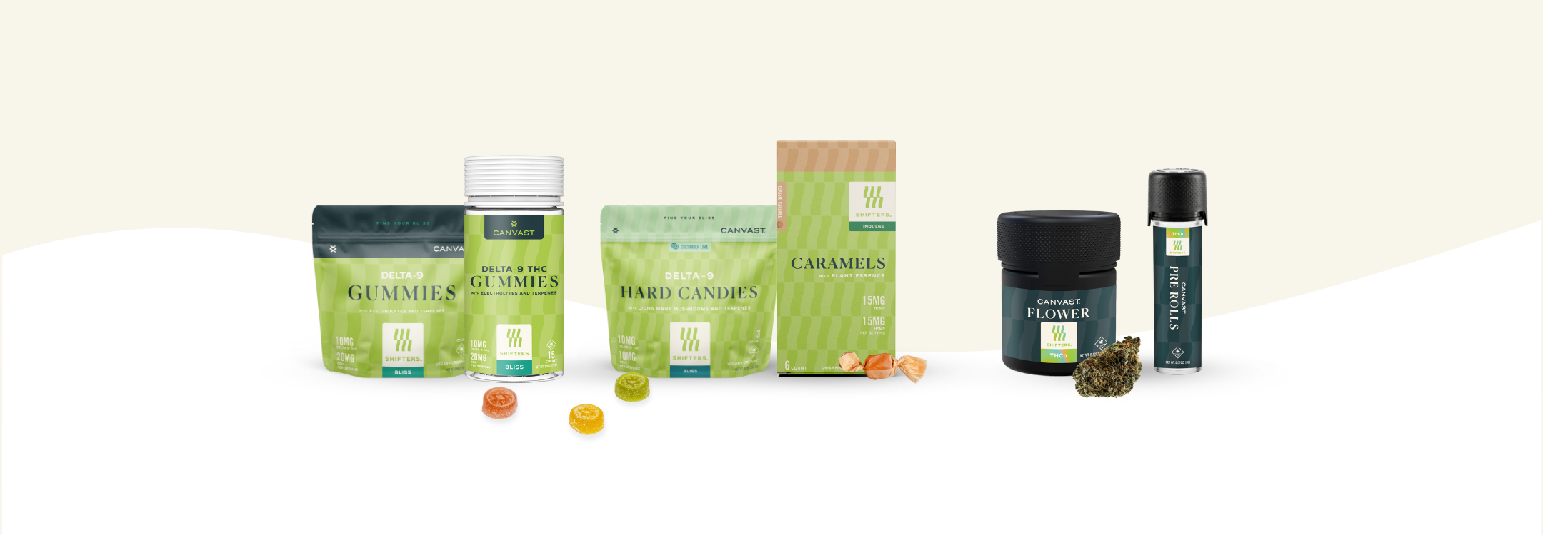 Collection of Canvast hemp products, including premium organic gummies and hard candies, indulgent caramels, organically grown hemp flower and pre rolls