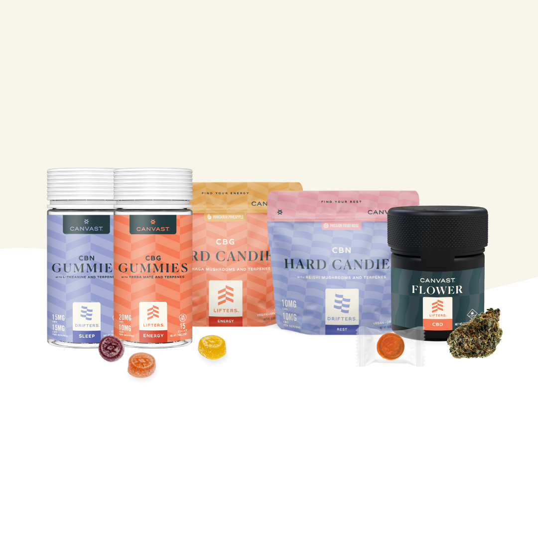 Collection of CBD products including Organic Gummies, Infused Hard Candies and Premium Flower